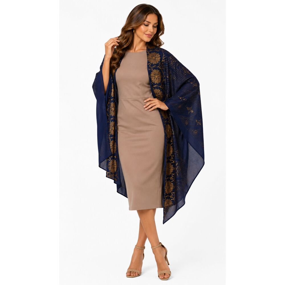NEW Gigio M 8 10 Navy Blue Taupe Embroidered Eyelet Detail Rayon Cocoon Jacket - Picture 5 of 8